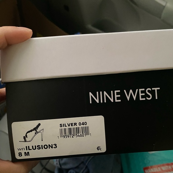 NINE WEST Illusion Dress Sandals - silver; clear strap rhinestone heels - Picture 3 of 5